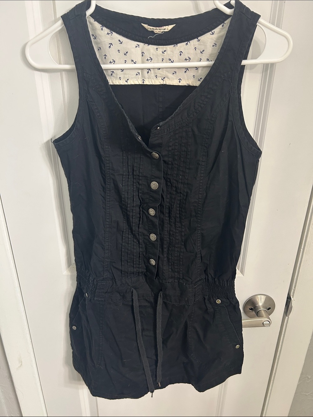 Sleeveless Button-Front Black Romper with Drawstring Waist